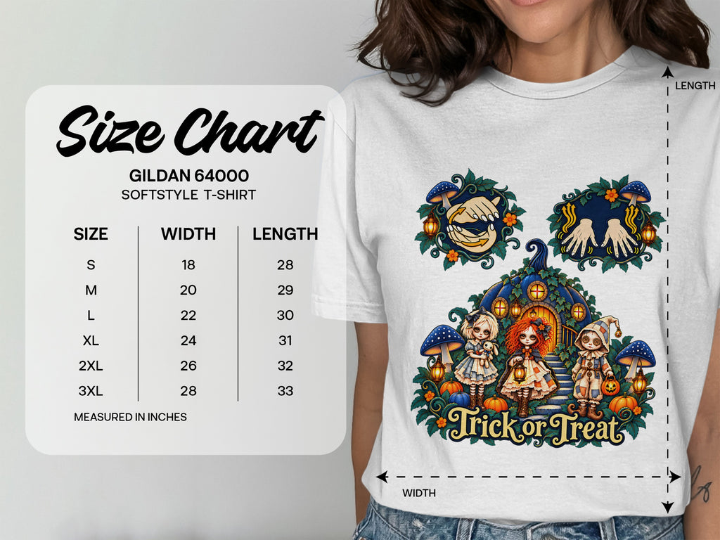 Gildan 64000 Softstyle T-shirt size chart and Halloween graphic.