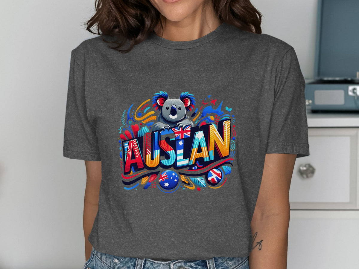 Grey t-shirt with a koala and colorful "AUSLAN" text, featuring Australian flags.