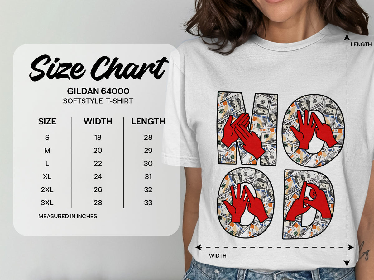 Size chart for Gildan 64000 Softstyle T-shirt with dimensions measured in inches.