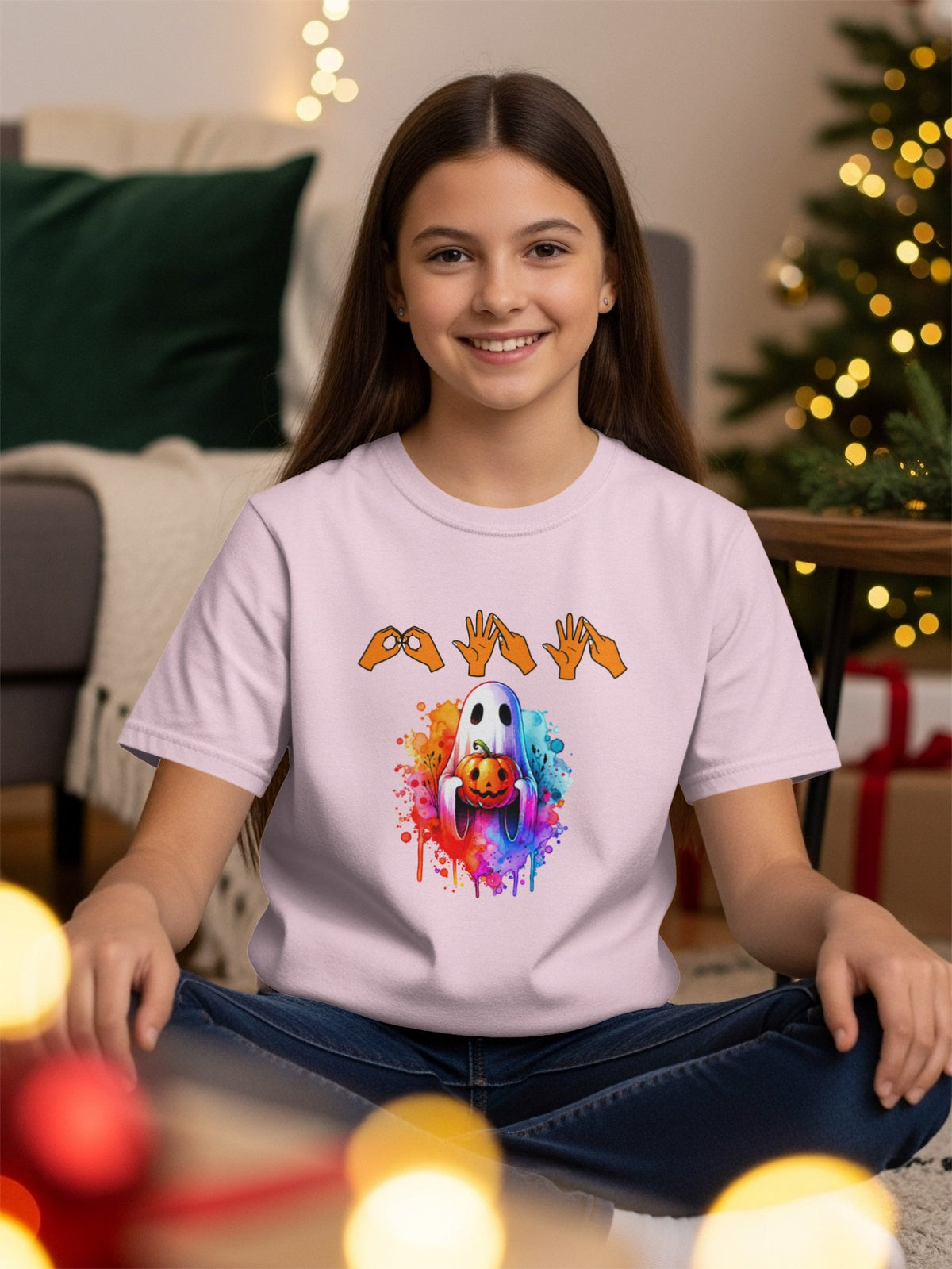 Light pink t-shirt with watercolor ghost, pumpkin, and ASL sign text.