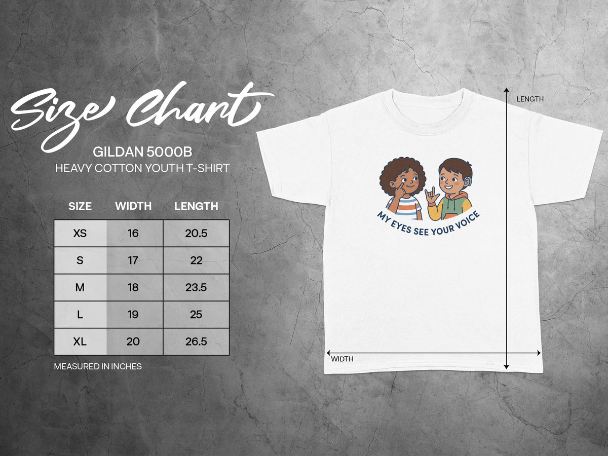 Gildan 5000B youth t-shirt size chart with measurements in inches.