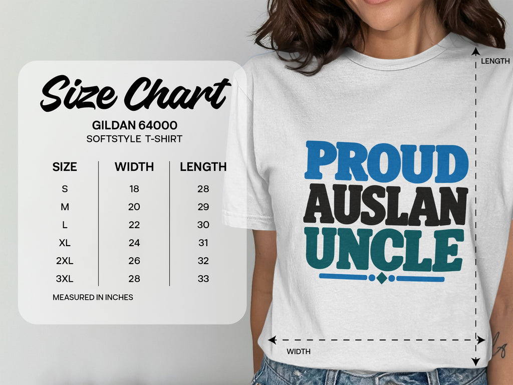 Size chart for Gildan 64000 softstyle t-shirt with measurements for width and length.