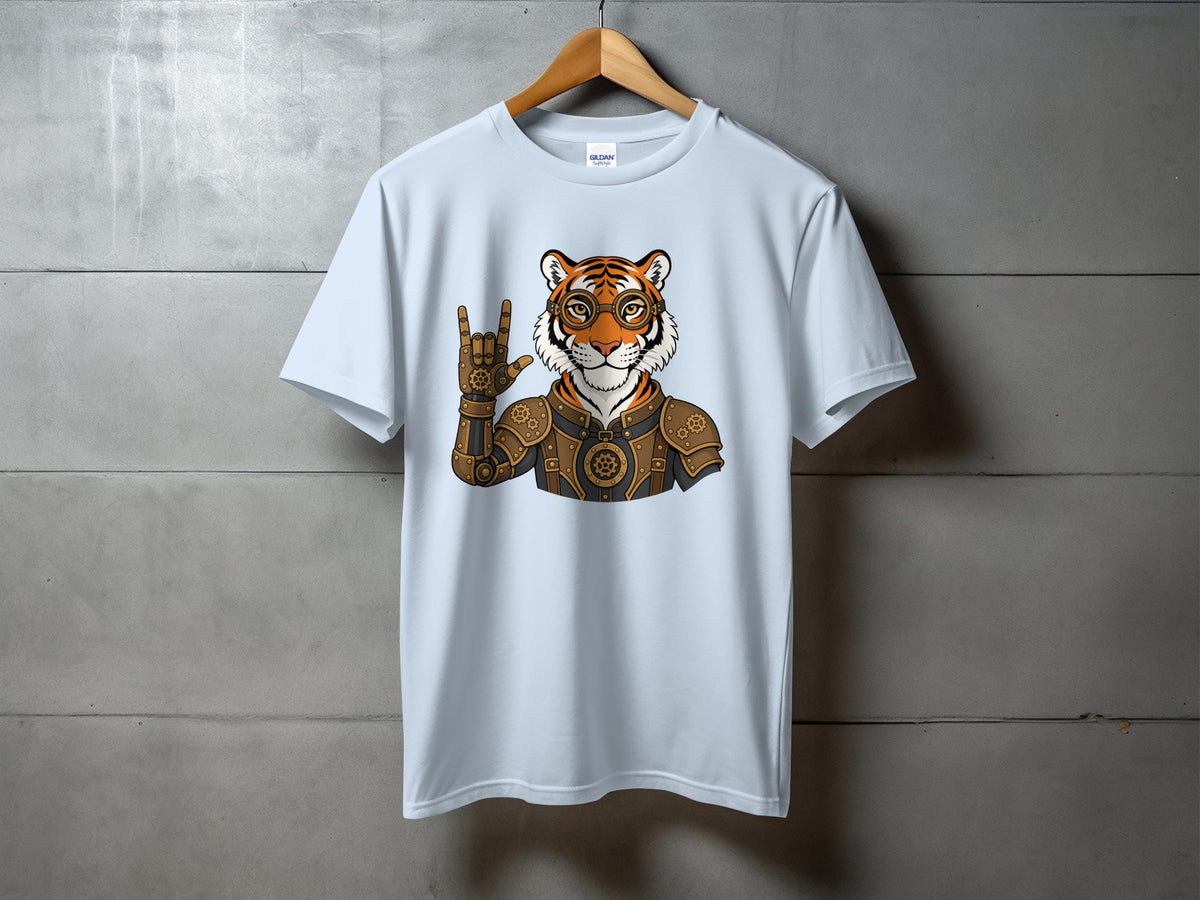 Tiger wearing steampunk armor and goggles, making a rock hand gesture.