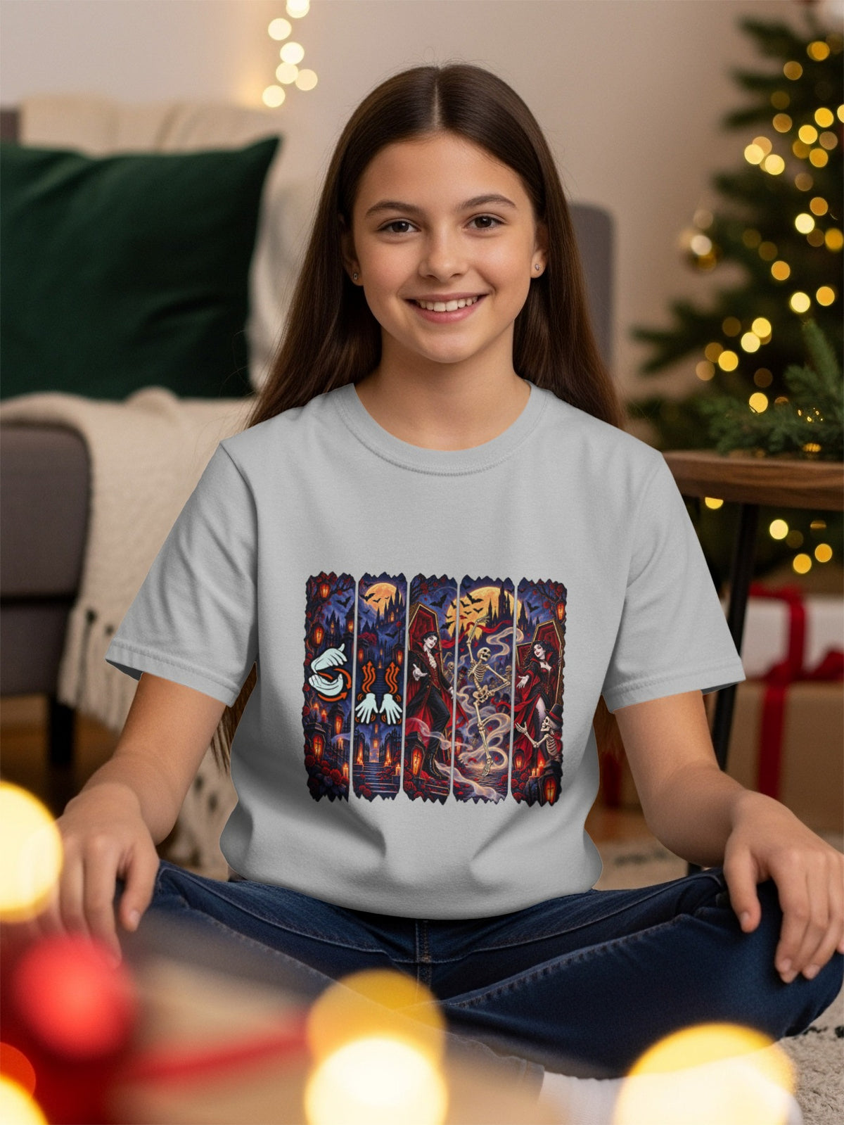 Grey t-shirt with a vertical panel design featuring gothic Halloween illustrations.