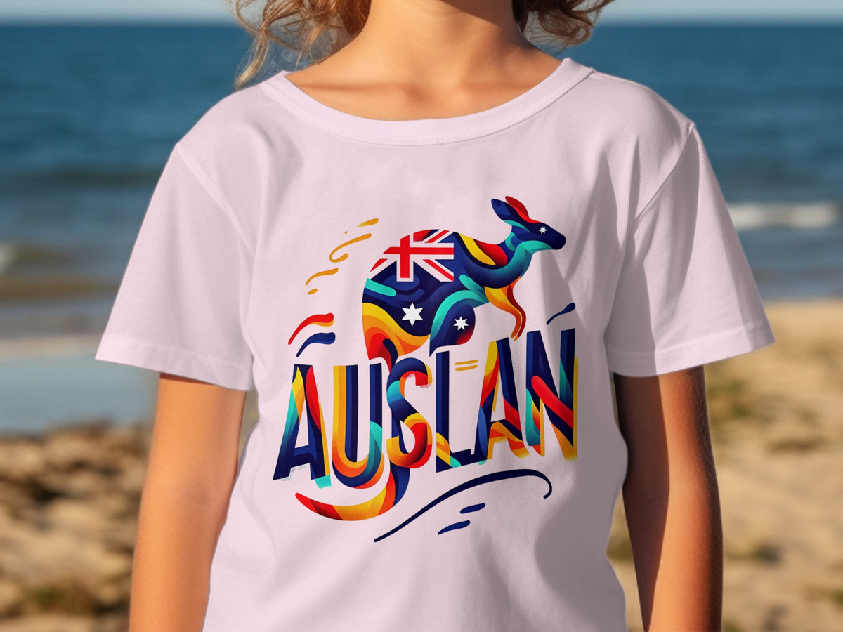 Kangaroo graphic with Australian flag and colorful "AUSLAN" text on white t-shirt.