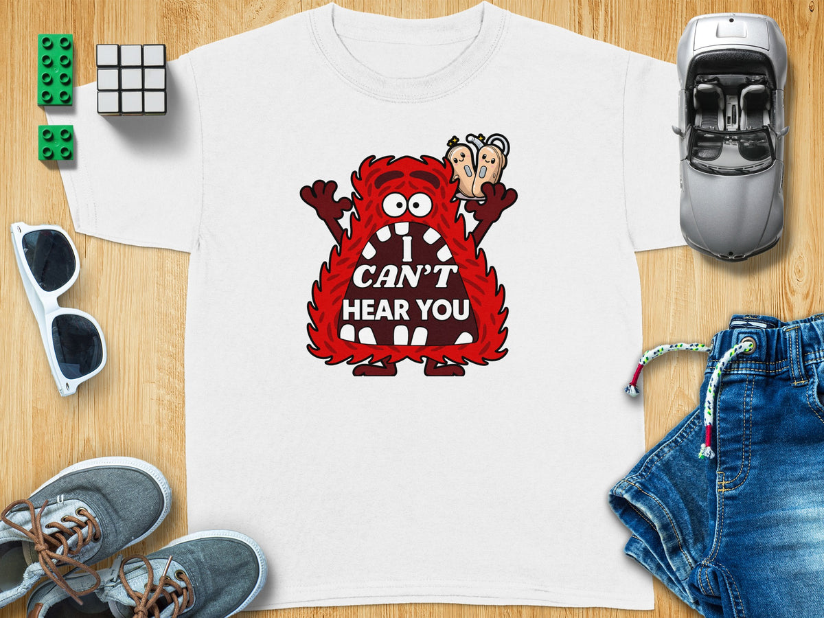 White t-shirt with red monster graphic that says "I CAN'T HEAR YOU."
