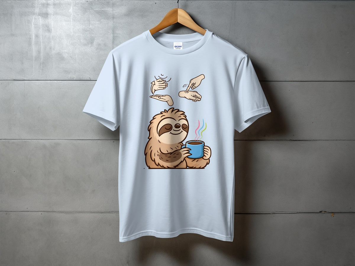 Light blue t-shirt with a cartoon sloth holding a steaming coffee mug and hand gestures.