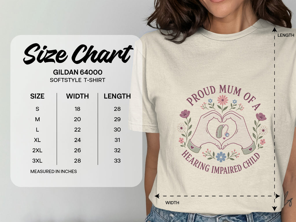 Size chart for Gildan 64000 Softstyle T-shirt showing measurements in inches.