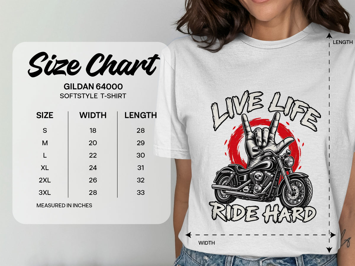 Gildan 64000 Softstyle t-shirt size chart with width and length measurements.