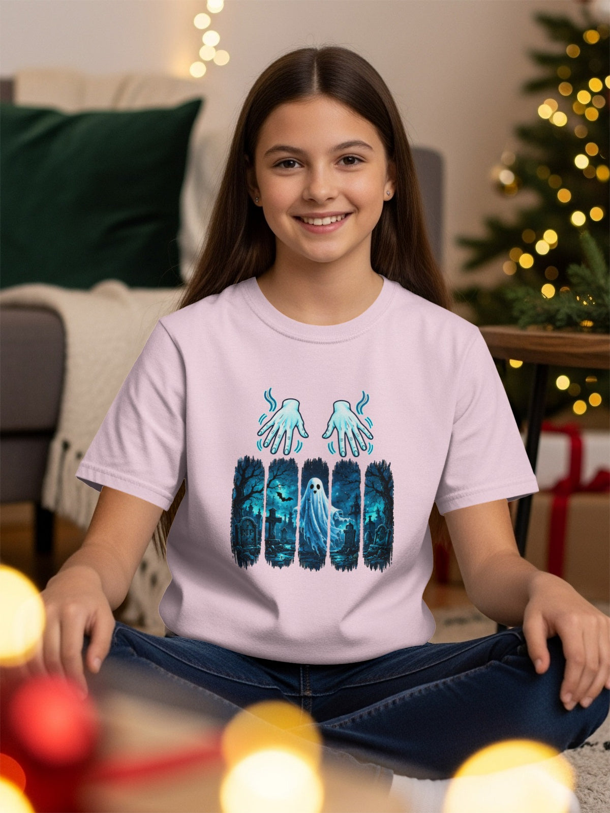 Light pink t-shirt with a Halloween graphic of ghosts, tombstones, and bats.