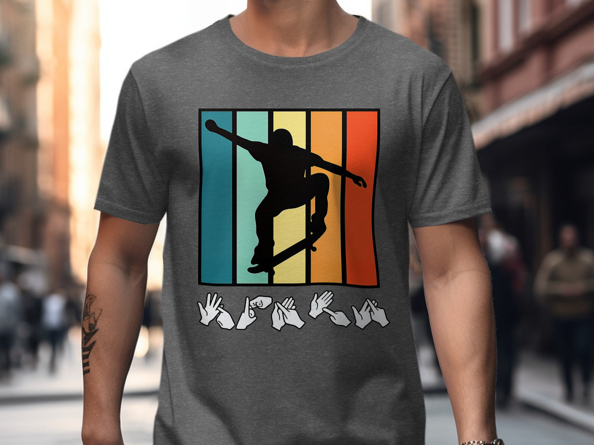Silhouette of skateboarder mid-air above hands forming ASL letters, on a retro striped background.