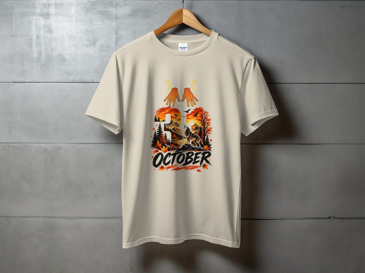 T-shirt with "October" text, wolf, autumn trees, and hands design.