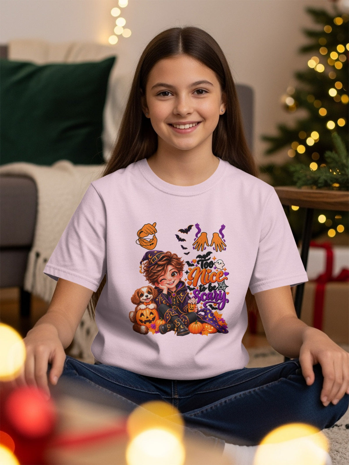 Girl in a light pink t-shirt with a Halloween graphic of a boy and dog.