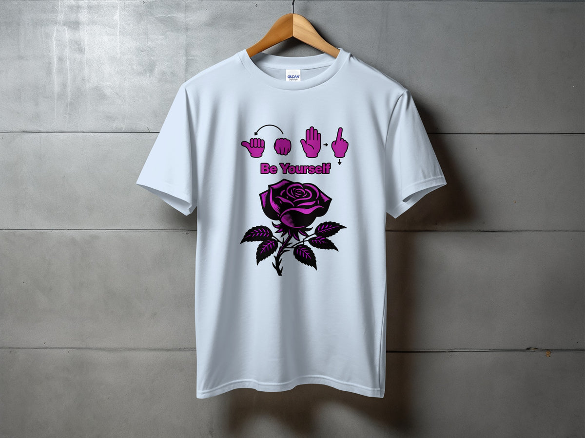 White t-shirt with a purple rose graphic and "Be Yourself" text.