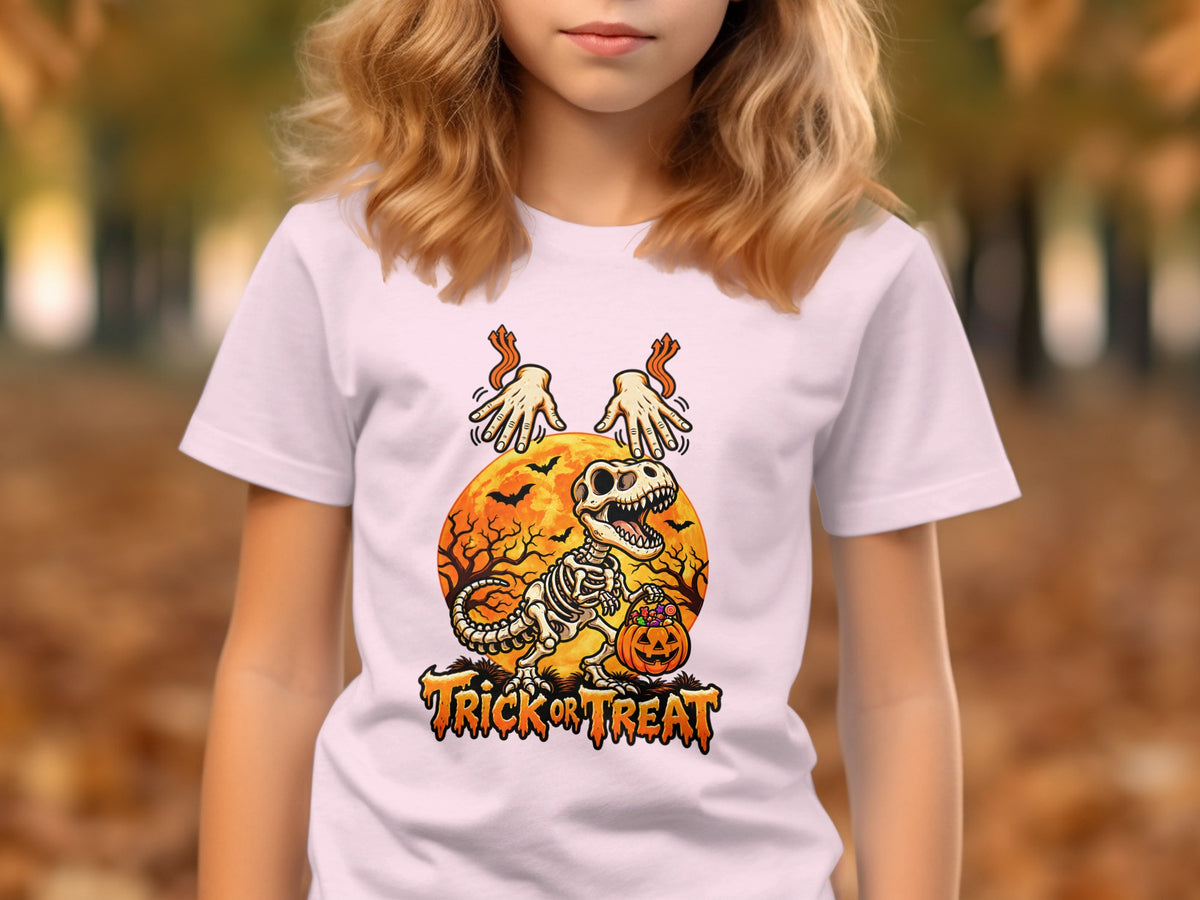 White t-shirt with cartoon skeleton dinosaur, pumpkin, and "Trick or Treat" text.