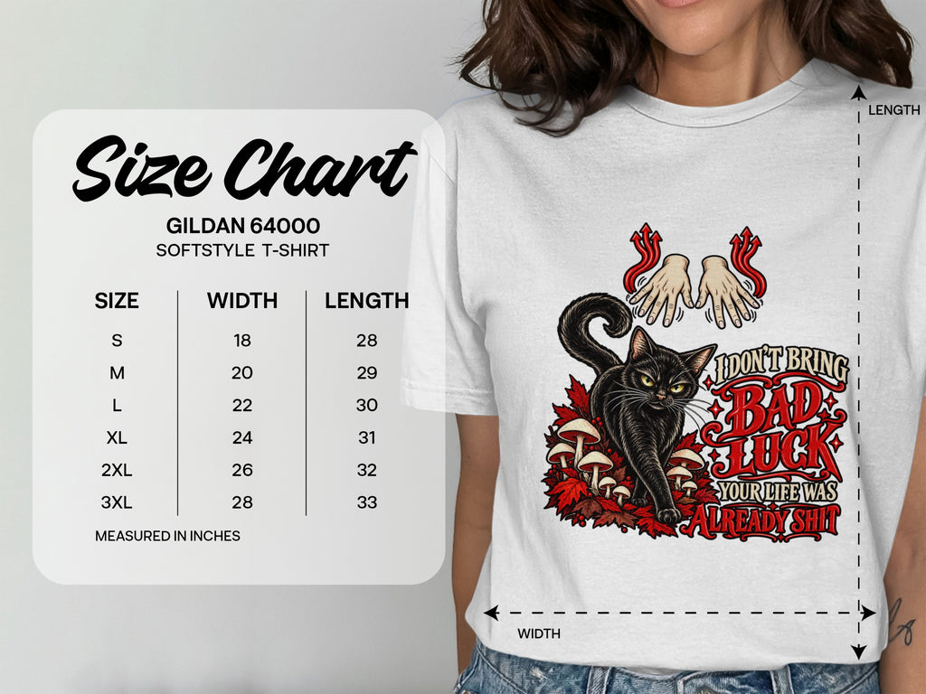 Gildan 64000 softstyle t-shirt size chart with black cat graphic and text.