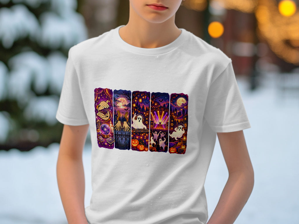 T-shirt with Halloween-themed cartoon panels featuring ghosts, pumpkins, and tarot card elements.