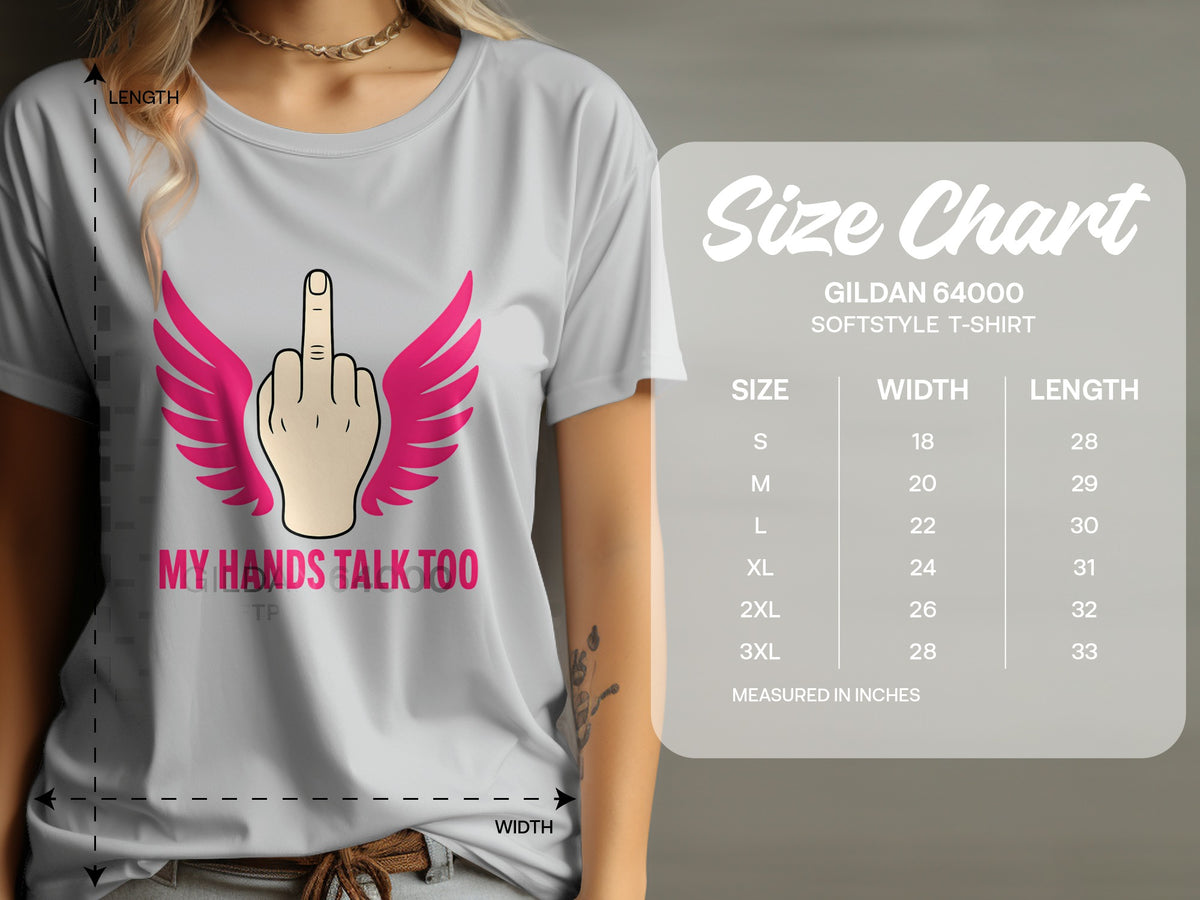 T-shirt with middle finger and wings graphic, and Gildan 64000 size chart.
