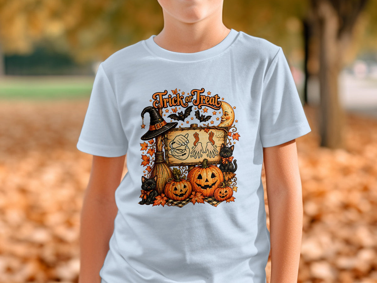 Halloween graphic with pumpkins, black cats, witch hat, broom, and "Trick or Treat" text.