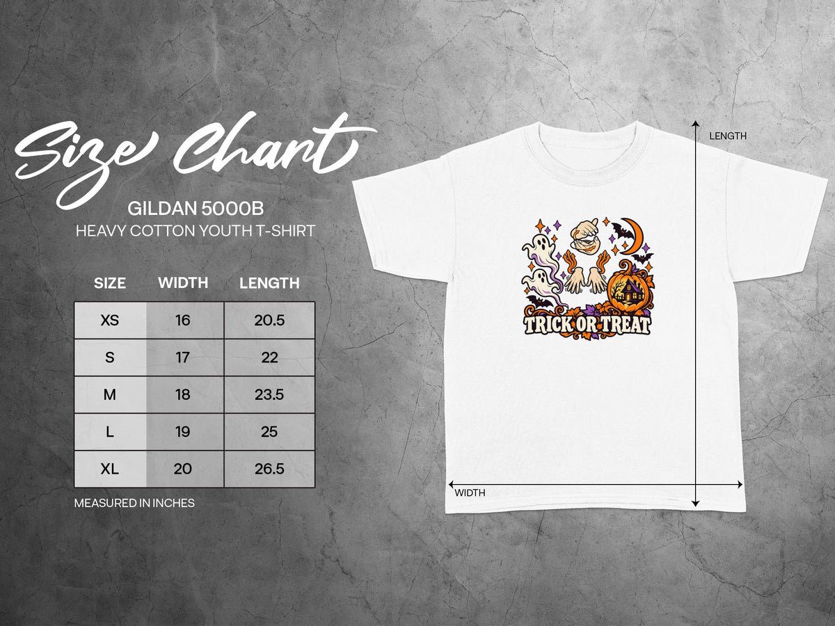 Gildan 5000B youth t-shirt size chart with width and length measurements.