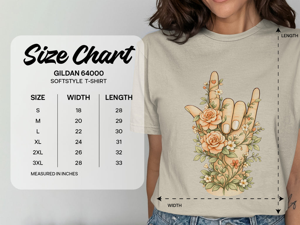 Gildan 64000 Softstyle T-shirt size chart in inches with width and length measurements.