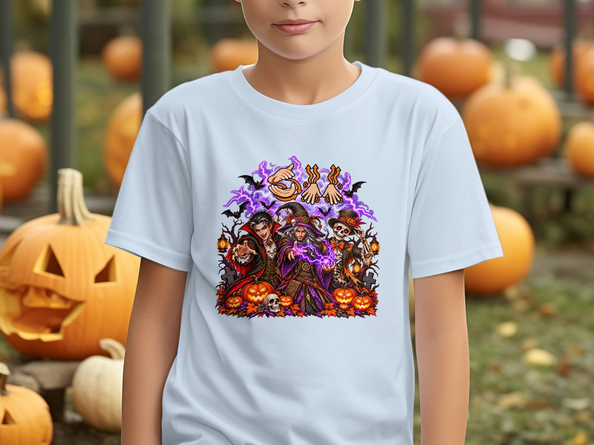 T-shirt with a Halloween graphic featuring a vampire, witch, skeleton, and pumpkins.