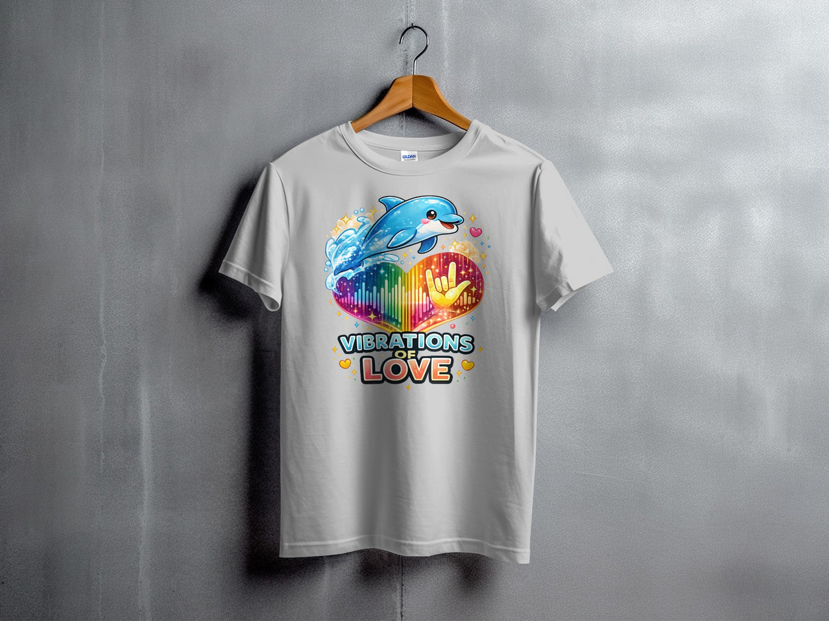 White t-shirt with a graphic of a dolphin over a rainbow heart and "VIBRATIONS OF LOVE" text.