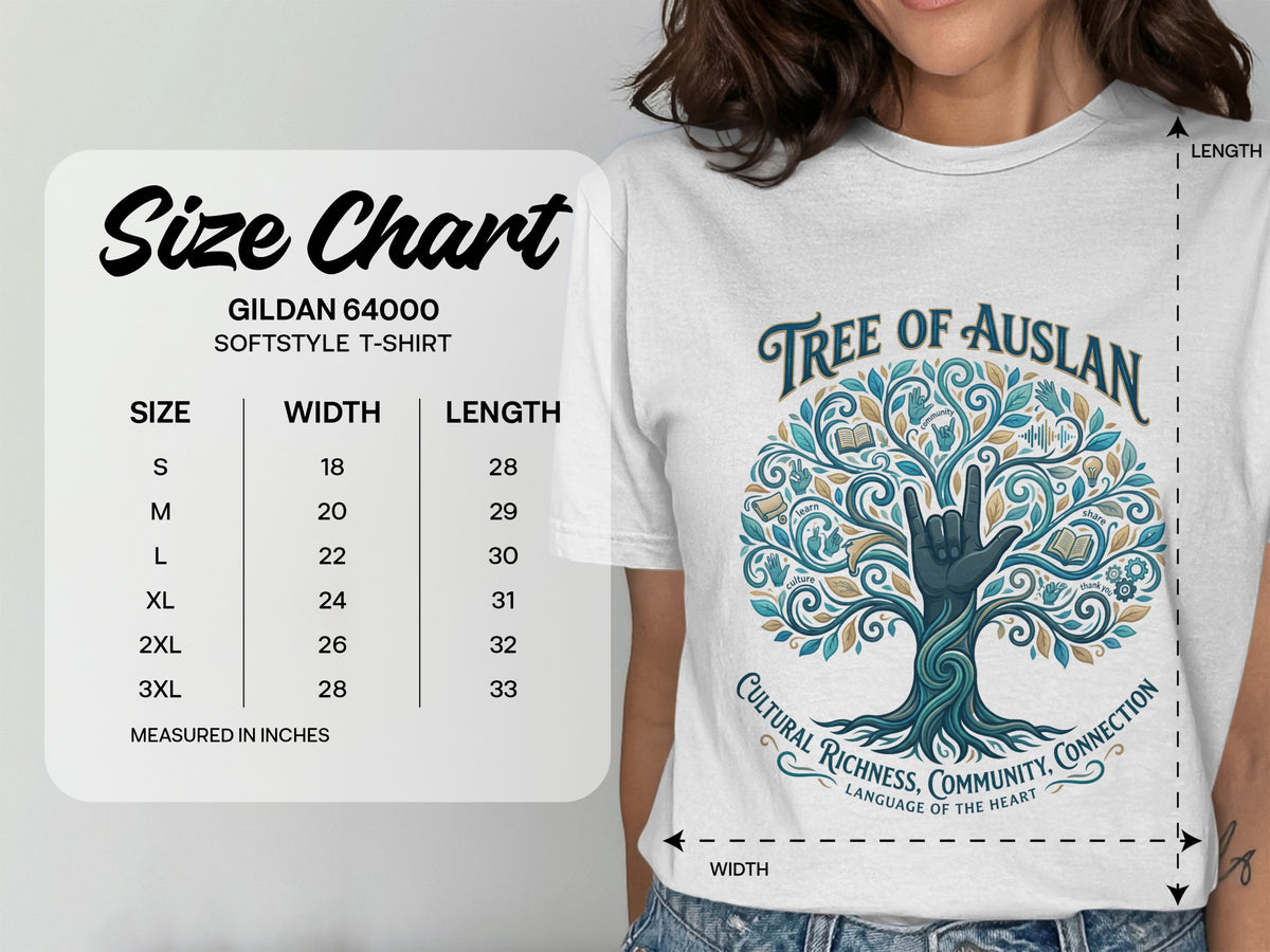 White t-shirt with "Tree of Auslan" graphic, size chart, and ASL hand signs.