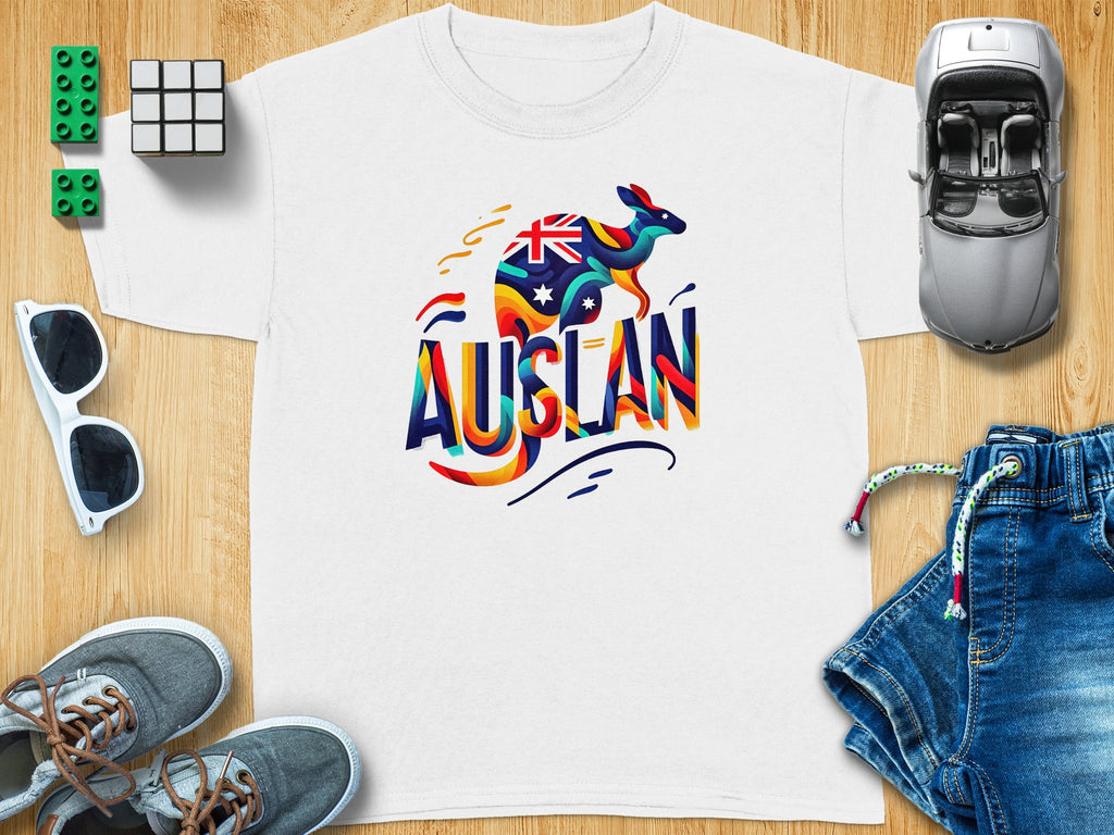 White t-shirt with colorful kangaroo and "AUSTRALIAN" text.
