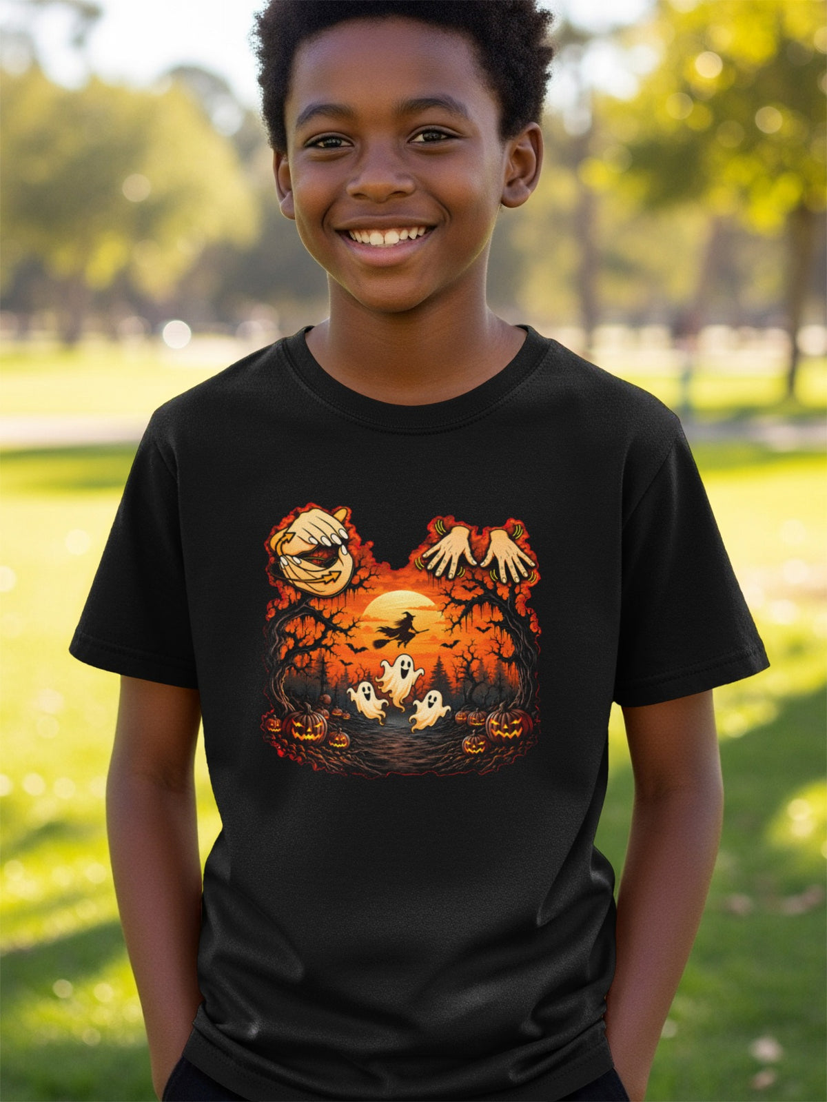 Black t-shirt with a Halloween graphic featuring ghosts, a witch, and pumpkins.