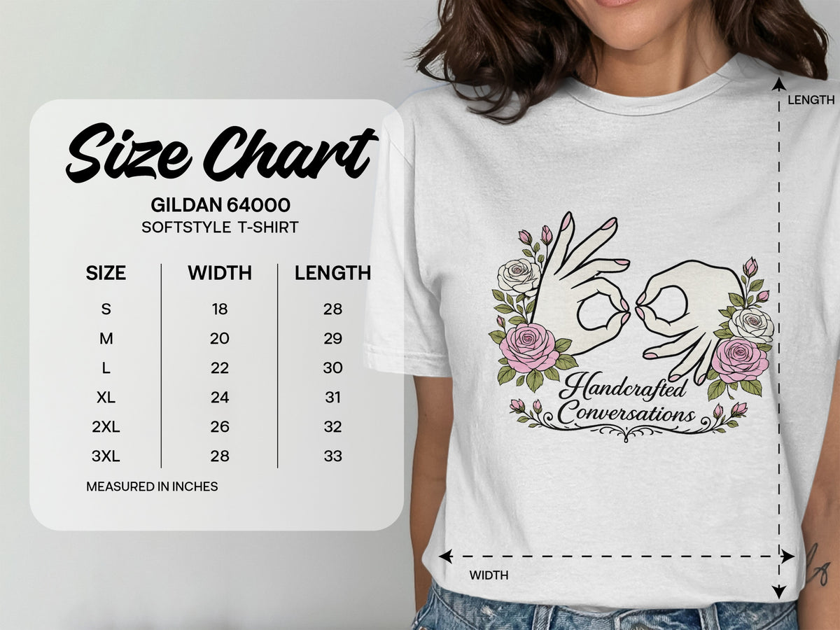 Gildan 64000 Softstyle T-shirt size chart with measurements in inches.