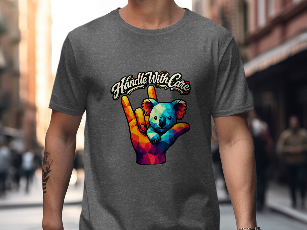 T-shirt graphic: geometric koala in hand with "Handle With Care" text.