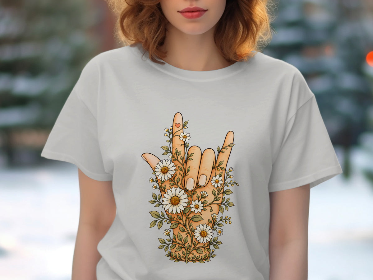 Light gray t-shirt with a hand making the sign language 'I love you' gesture with flowers.