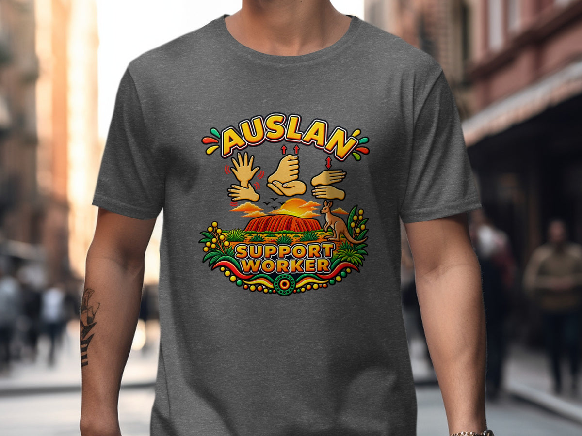 T-shirt graphic with "AUSLAN SUPPORT WORKER" text and Australian imagery.