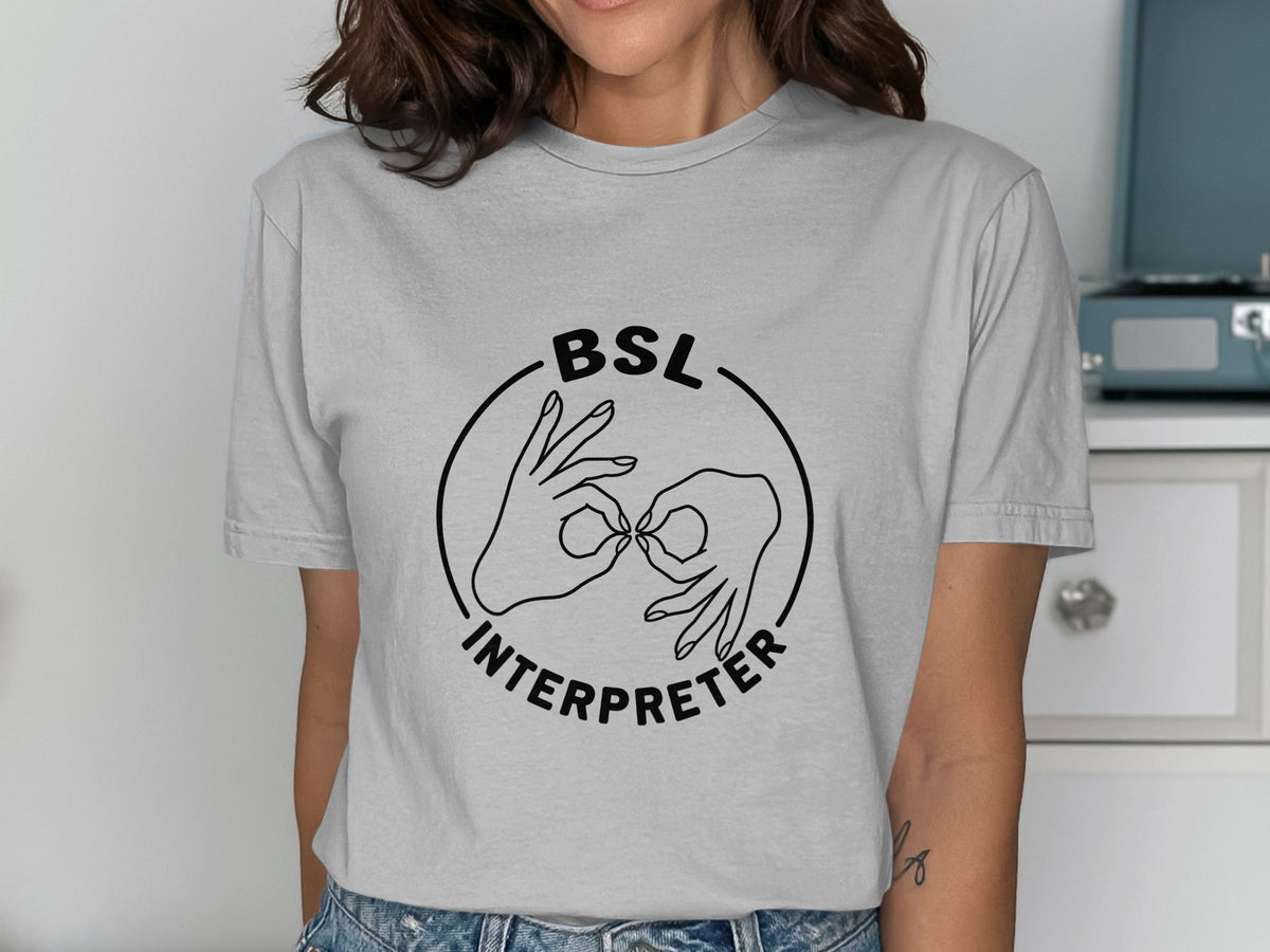 Grey t-shirt with black line art of hands signing BSL Interpreter