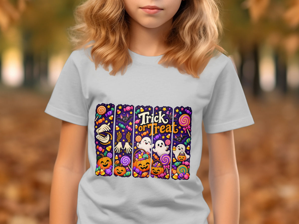 White t-shirt featuring a colorful "Trick or Treat" Halloween graphic with ghosts, pumpkins, and candy.