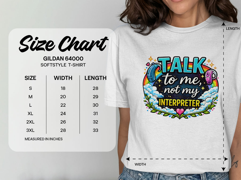 Gildan 64000 Softstyle T-shirt size chart with width and length measurements.