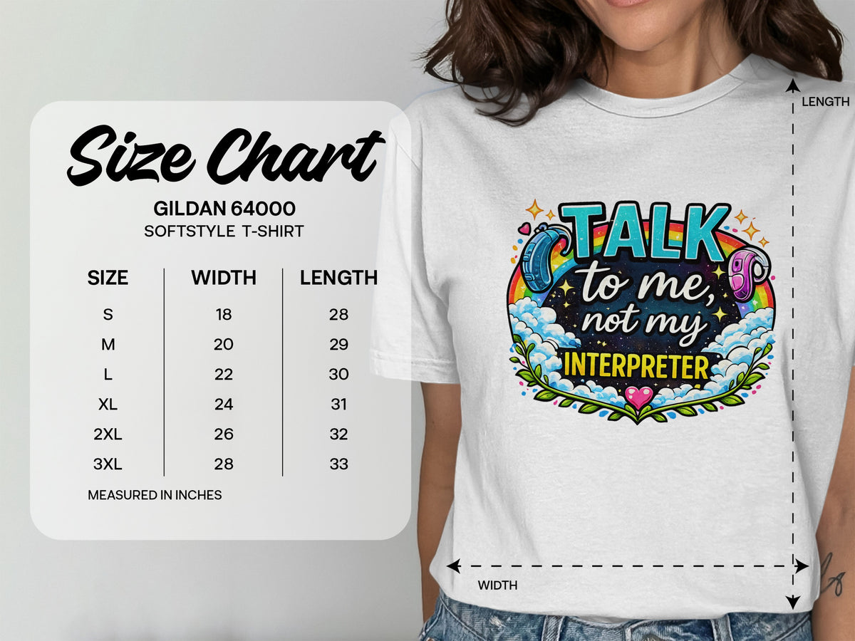 Gildan 64000 Softstyle T-shirt size chart with width and length measurements.