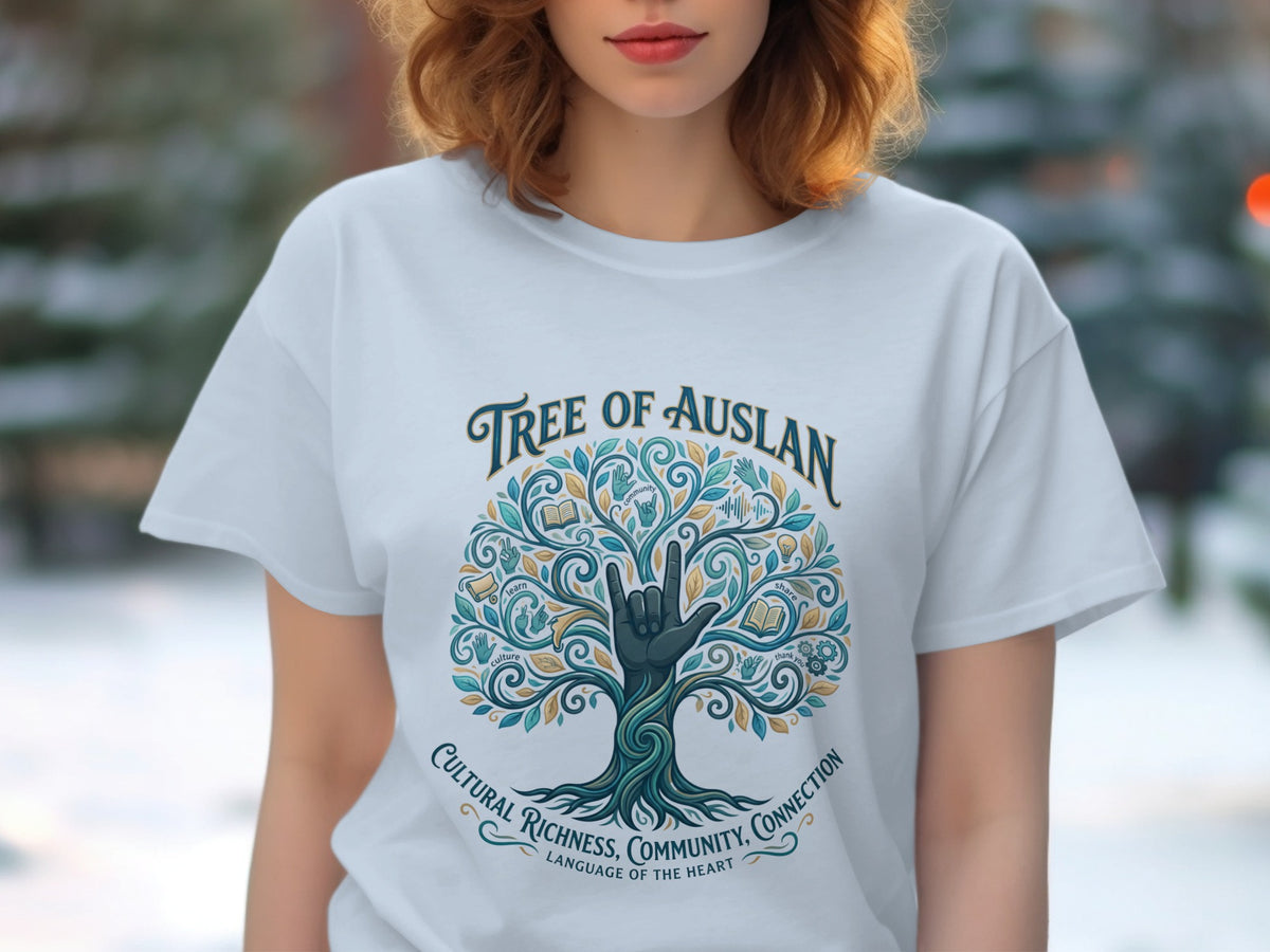 White t-shirt with Tree of Auslan design featuring ASL hand, books, and text about culture and connection.