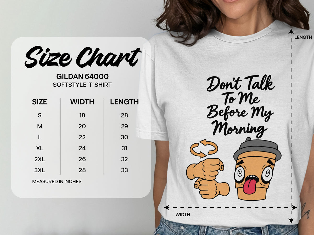 Gildan 64000 Softstyle T-Shirt size chart with width and length measurements in inches.