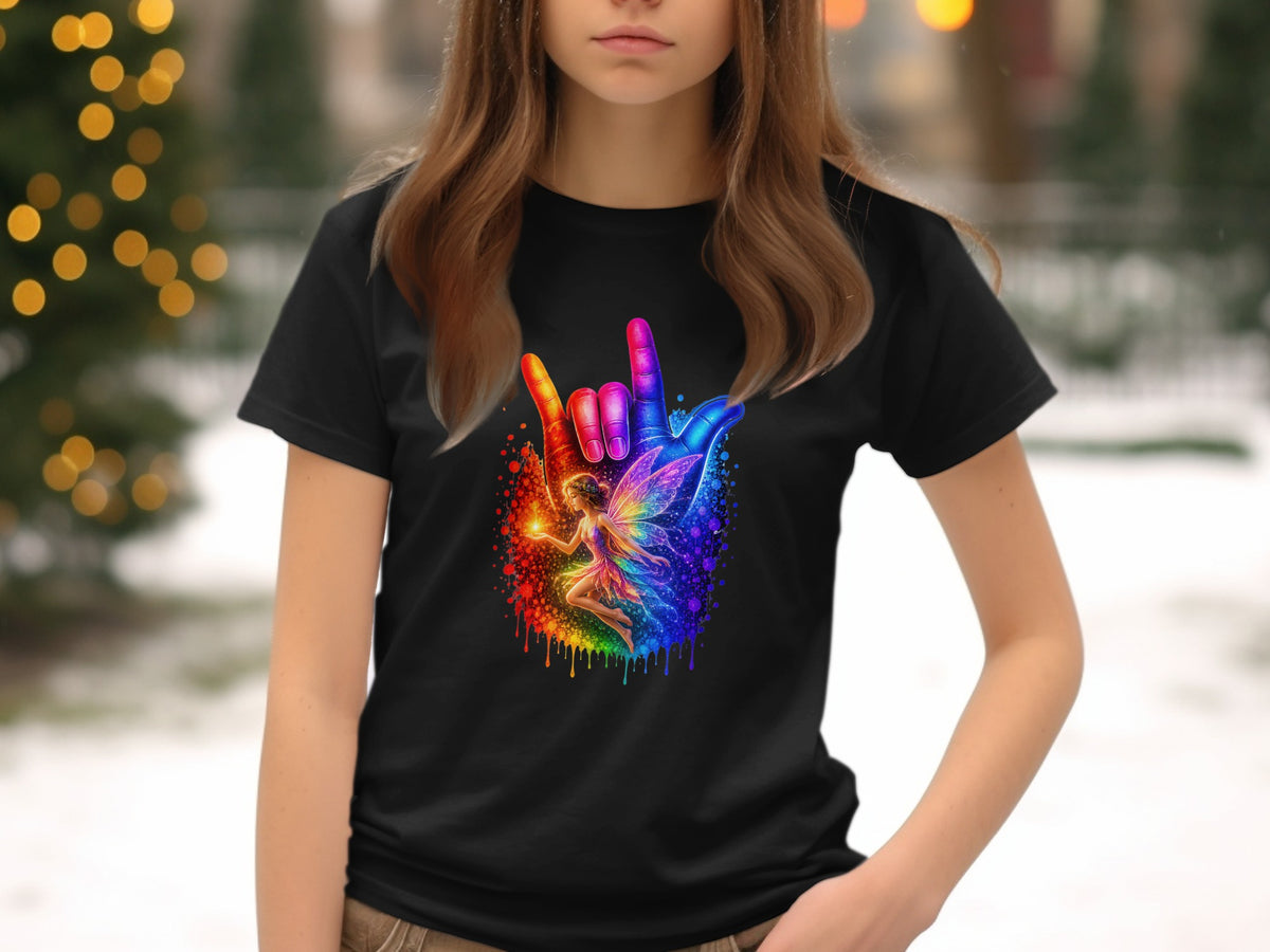 Black t-shirt with colorful hand gesture and fairy graphic.