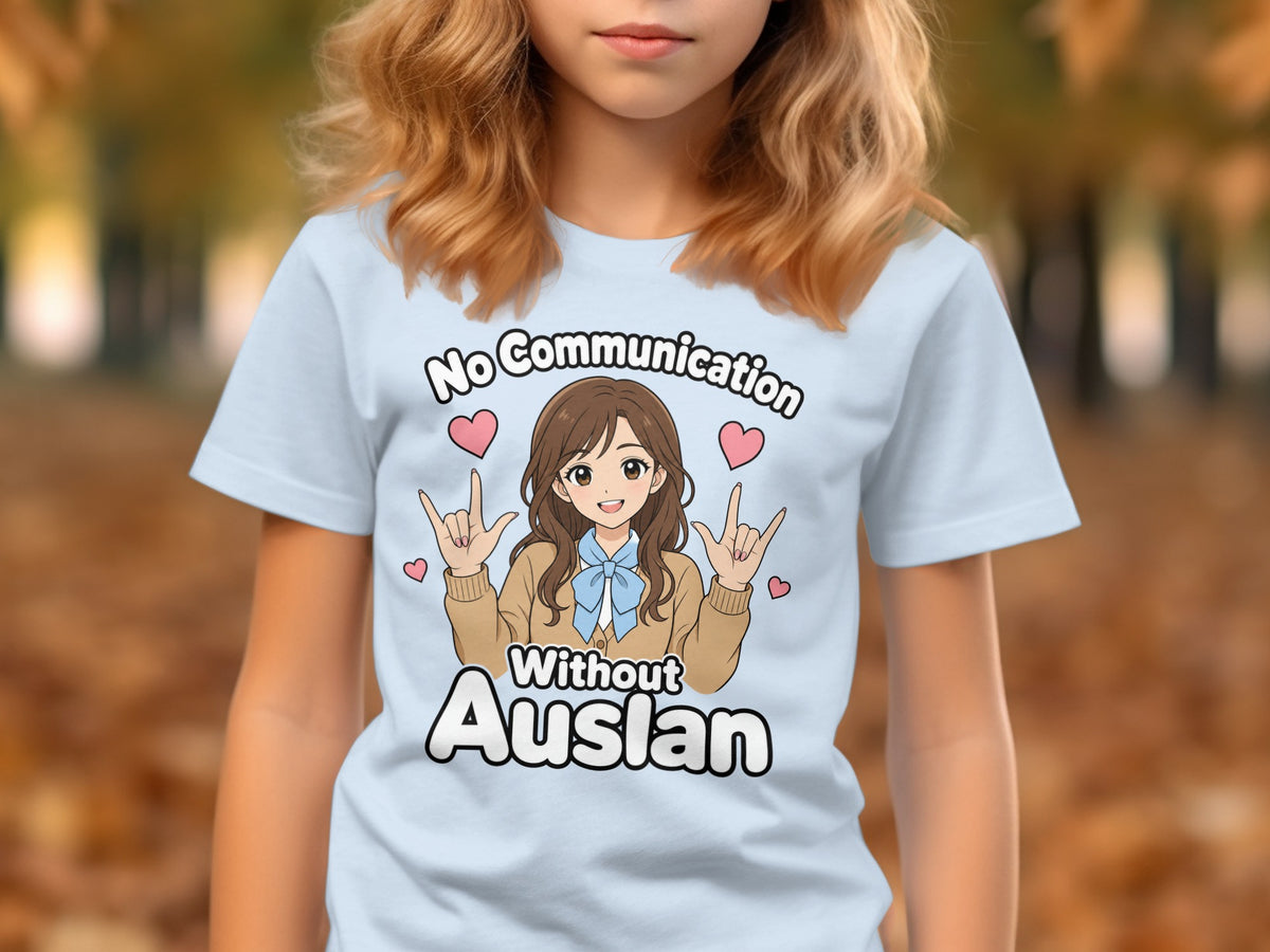 Light blue t-shirt with anime girl graphic and text "No Communication Without Auslan".