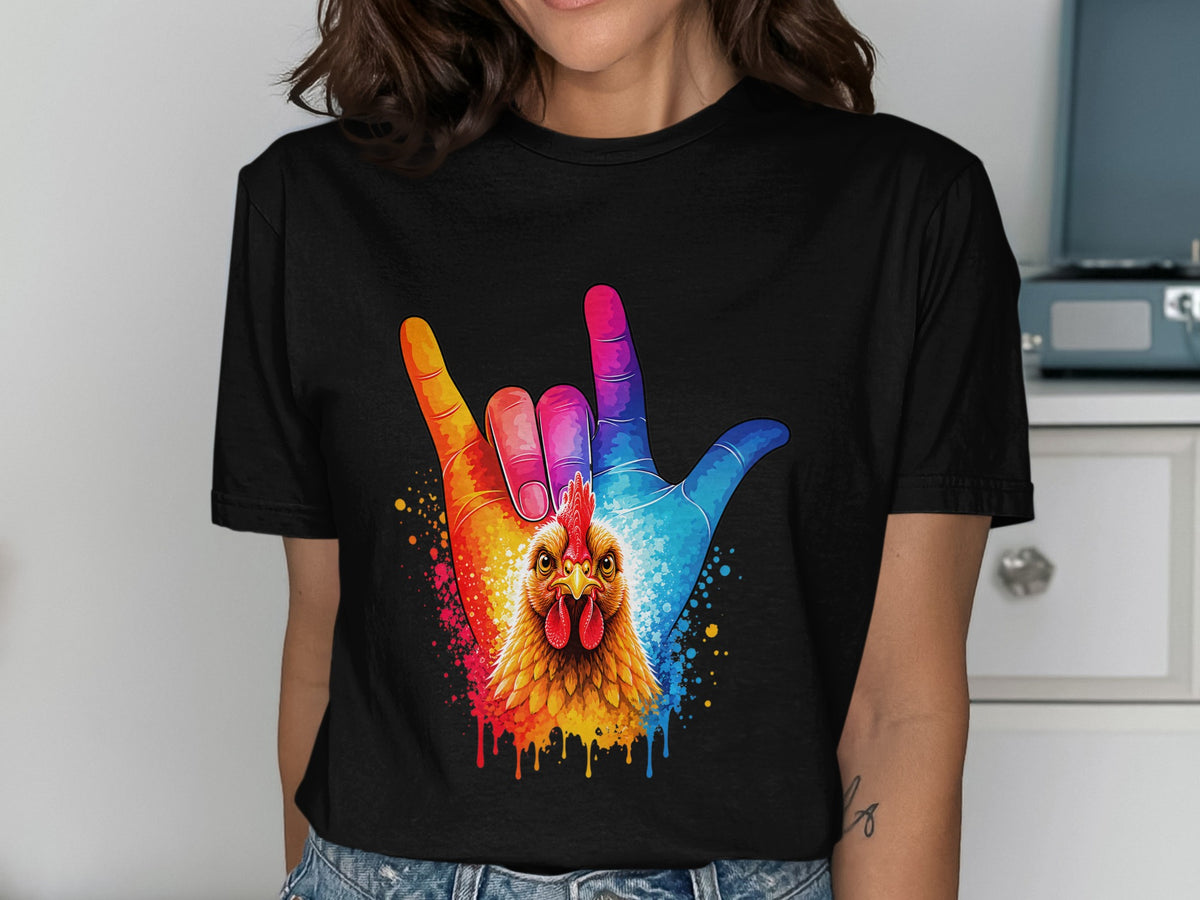 Rainbow hand sign with chicken head and paint splatter on black t-shirt.