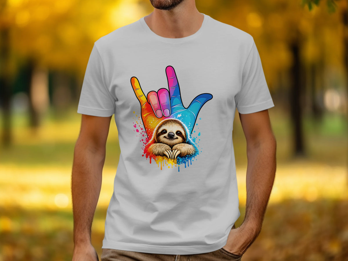 White t-shirt with a colorful hand sign and a cute sloth design.