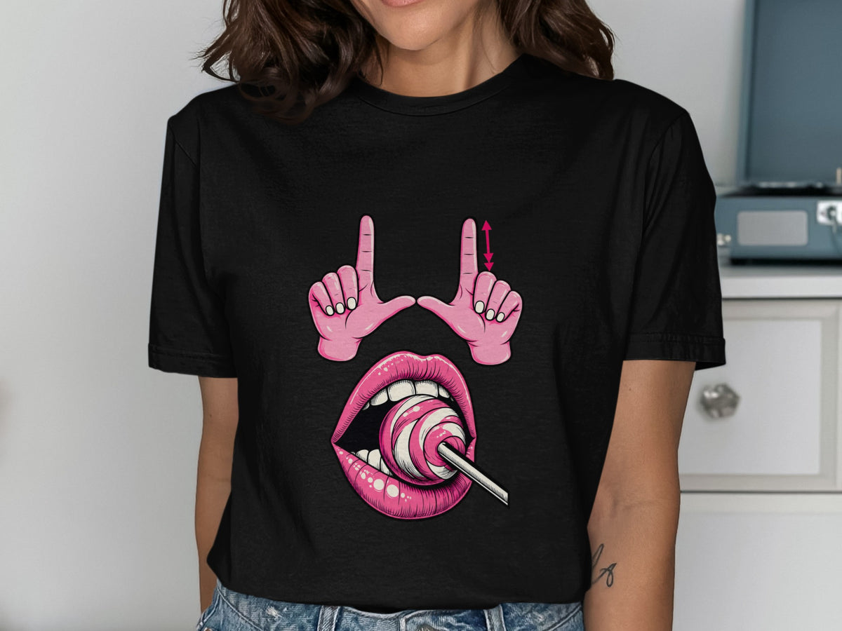 Black t-shirt with pink hands framing an open mouth with a lollipop.