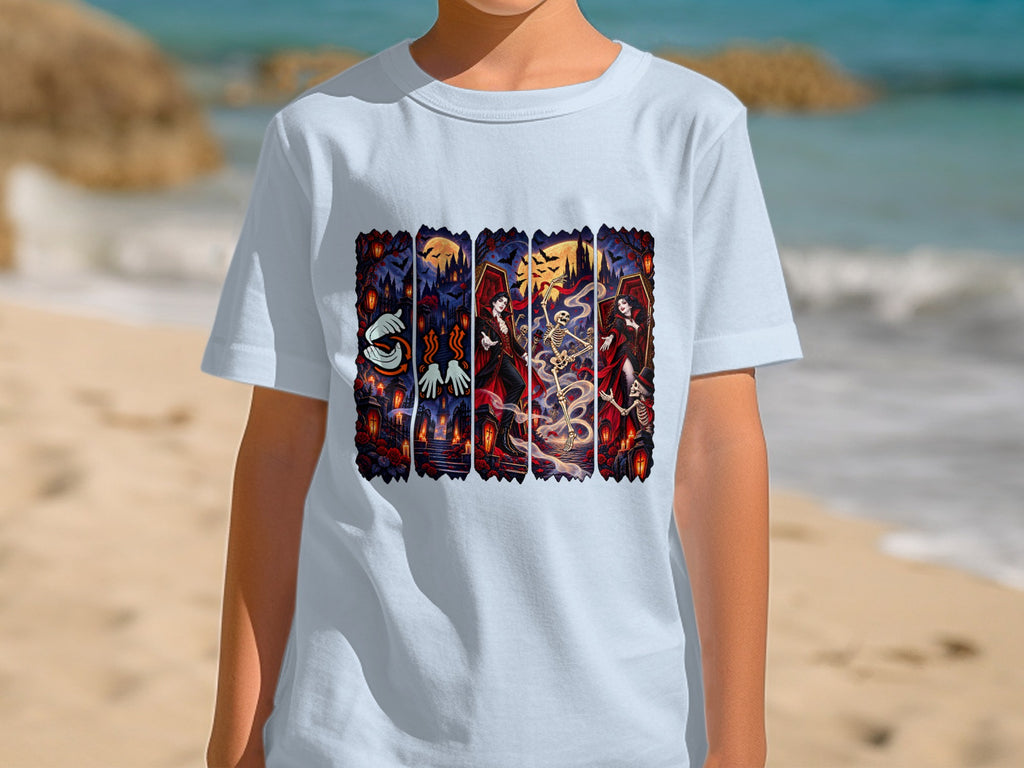 T-shirt with a Halloween-themed graphic of vampires, skeletons, and coffins.