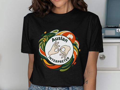 Black t-shirt with "Auslan Interpreter" text, hands signing, and Australian map graphic.