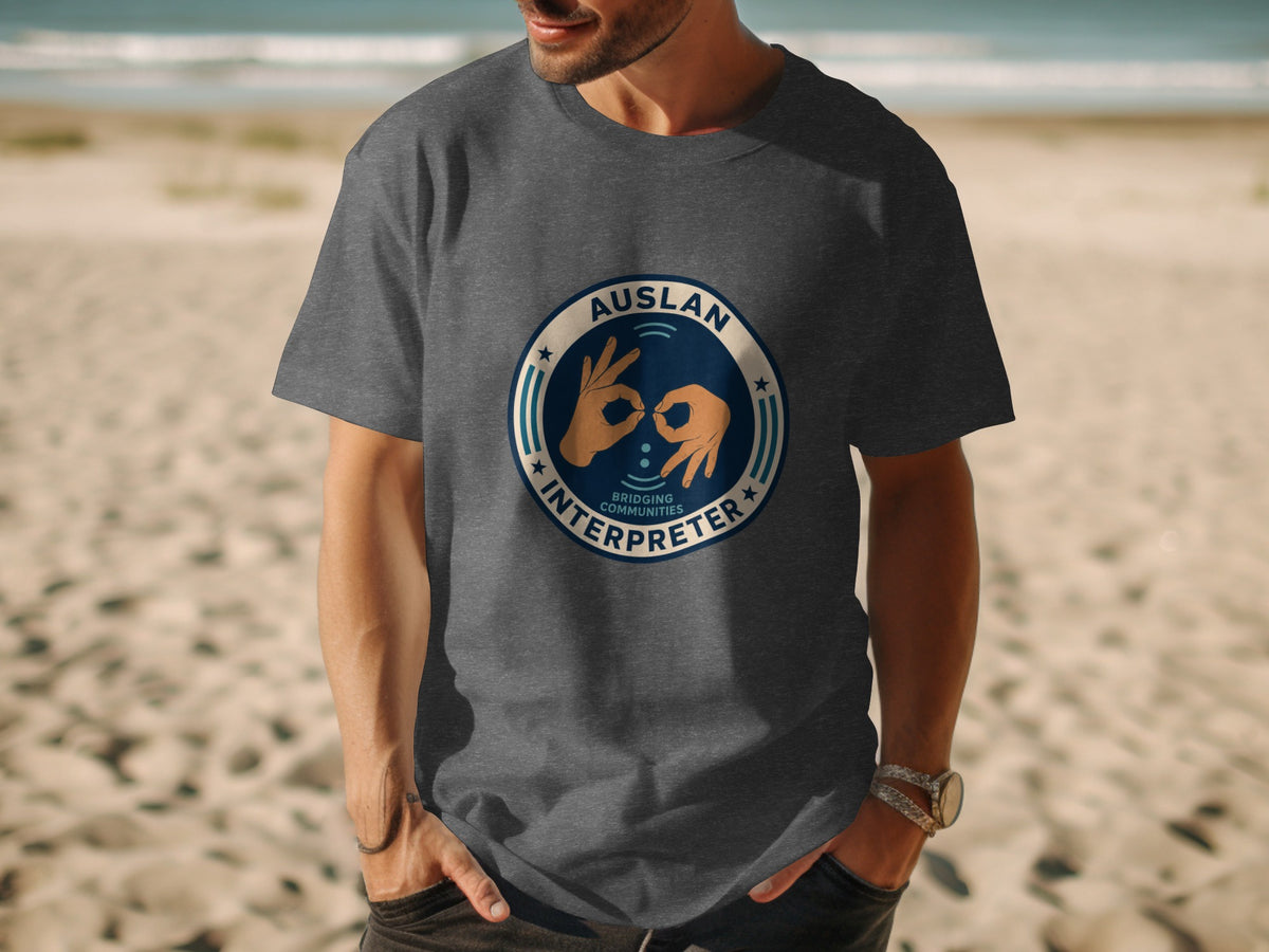 Dark grey t-shirt with "Auslan Interpreter" logo featuring hands signing.