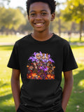 Black t-shirt with Halloween graphic featuring vampires, witches, skeleton, pumpkins, and skulls.