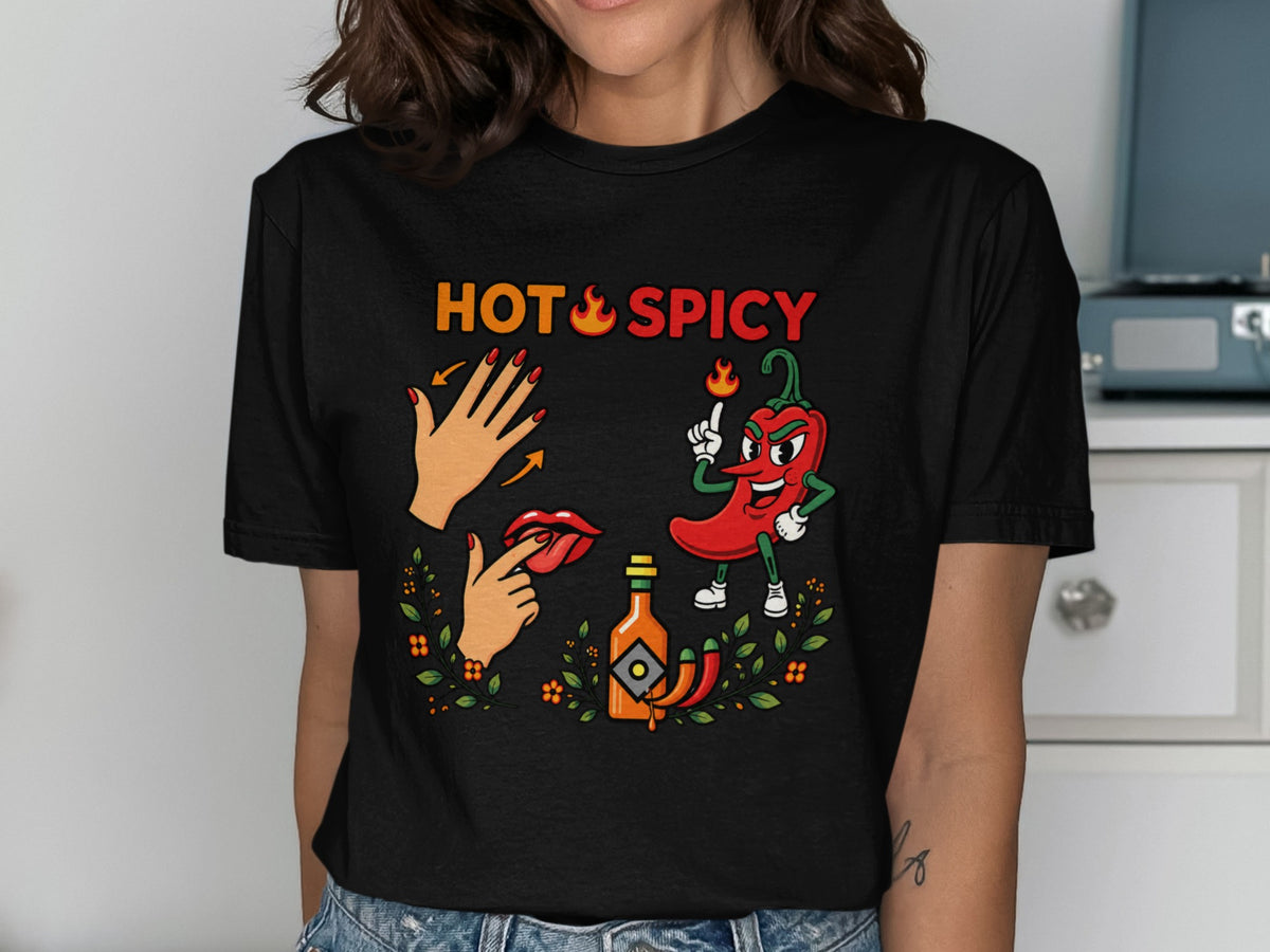 Black t-shirt with "HOT & SPICY" text and cartoon chili pepper.